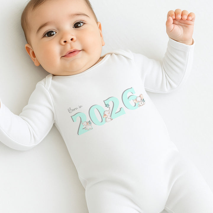 Turquoise Elephant Born in 2026 Baby Grow, Vest or Bib