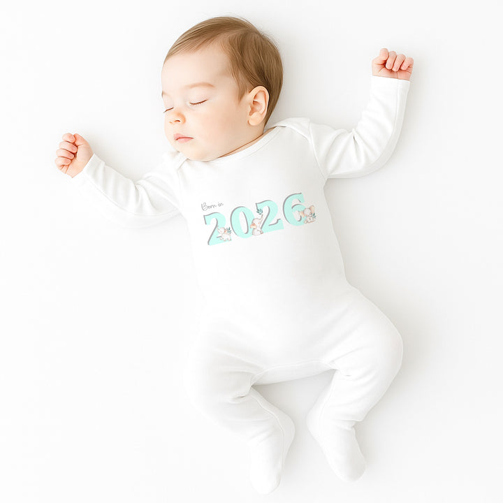 Turquoise Elephant Born in 2026 Baby Grow, Vest or Bib