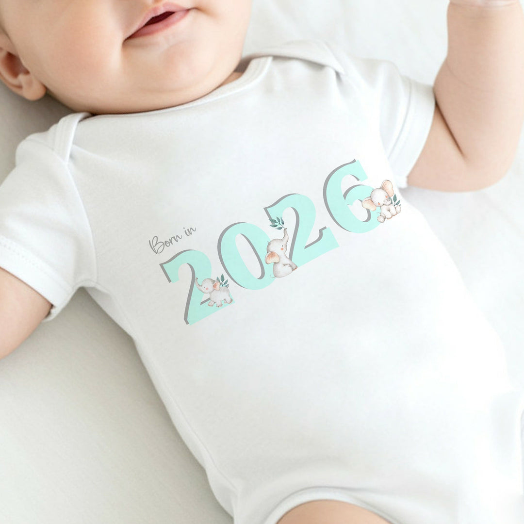 Turquoise Elephant Born in 2026 Baby Grow, Vest or Bib