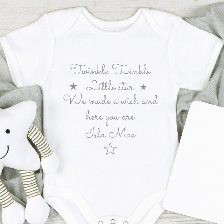 Baby announcement vests that says: 'Twinkle Twinkle Little star We made a wish and here you are NameHere'