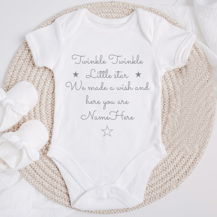 Baby announcement vests that says: 'Twinkle Twinkle Little star We made a wish and here you are NameHere'