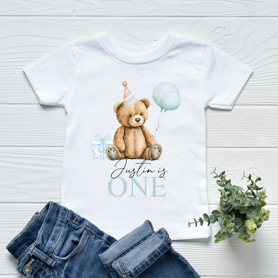 Personalised Birthday Boy Blue Teddy T-shirt