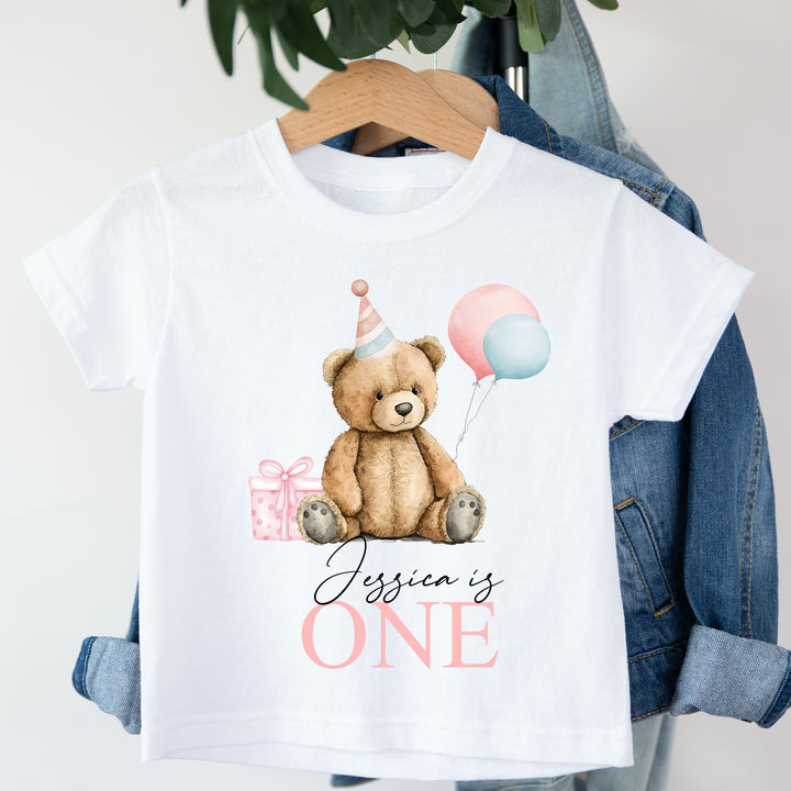 Personalised Birthday Girls Pink Teddy T-shirt