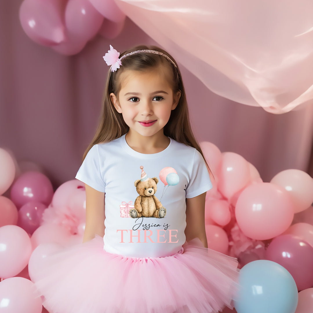 Personalised Birthday Girls Pink Teddy T-shirt