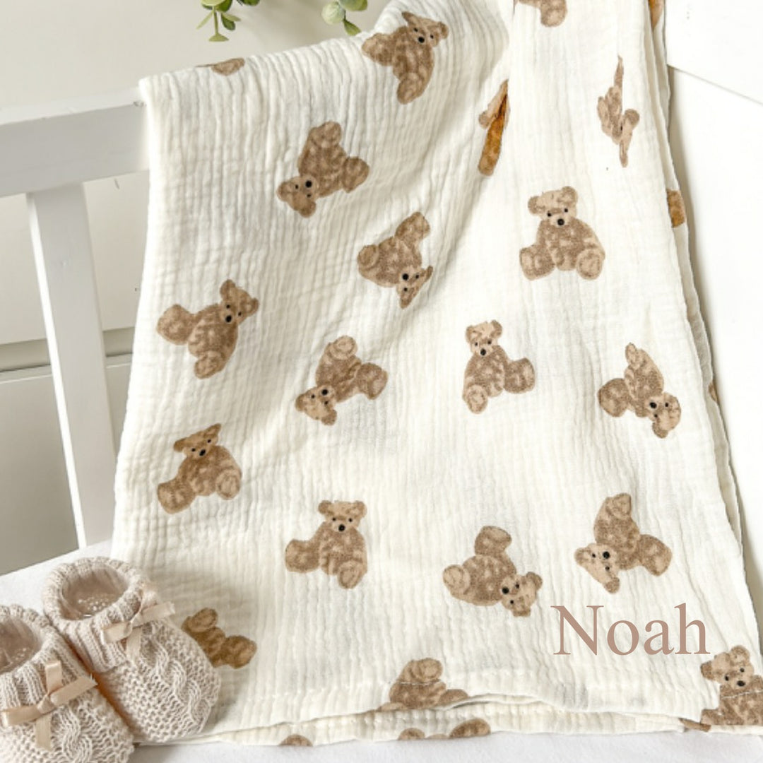 Personalised Embroidered Teddy Bear Muslin Swaddle Blanket