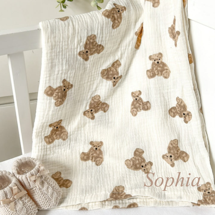 Personalised Embroidered Teddy Bear Muslin Swaddle Blanket