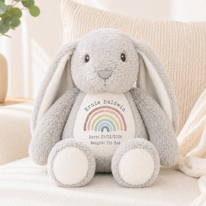 Personalised Watercolour Rainbow Birth Announcement Rabbit