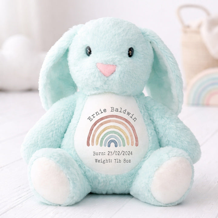 Personalised Watercolour Rainbow Birth Announcement Rabbit