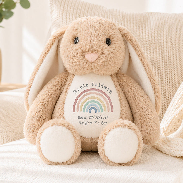 Personalised Watercolour Rainbow Birth Announcement Rabbit