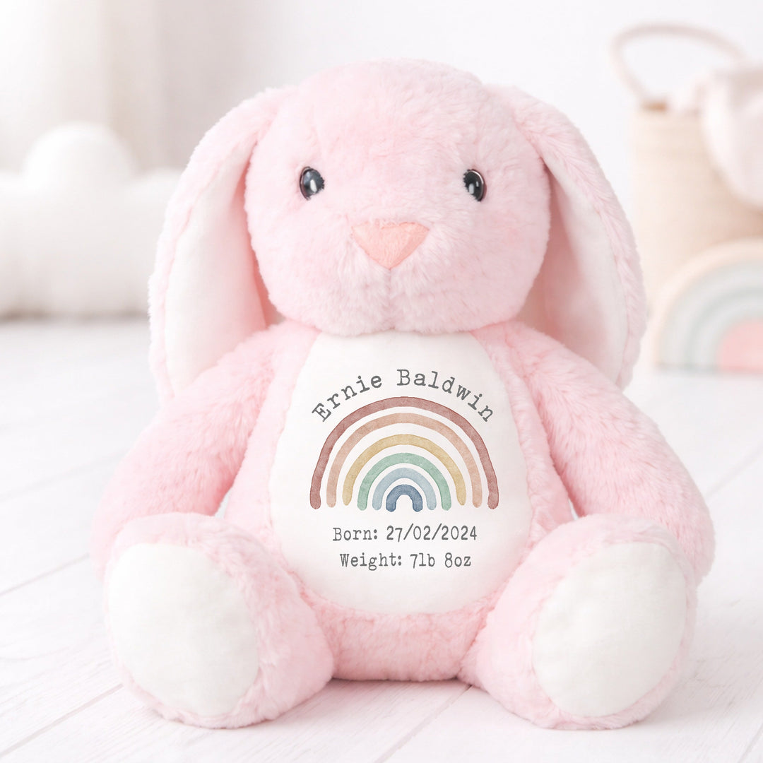 Personalised Watercolour Rainbow Birth Announcement Rabbit