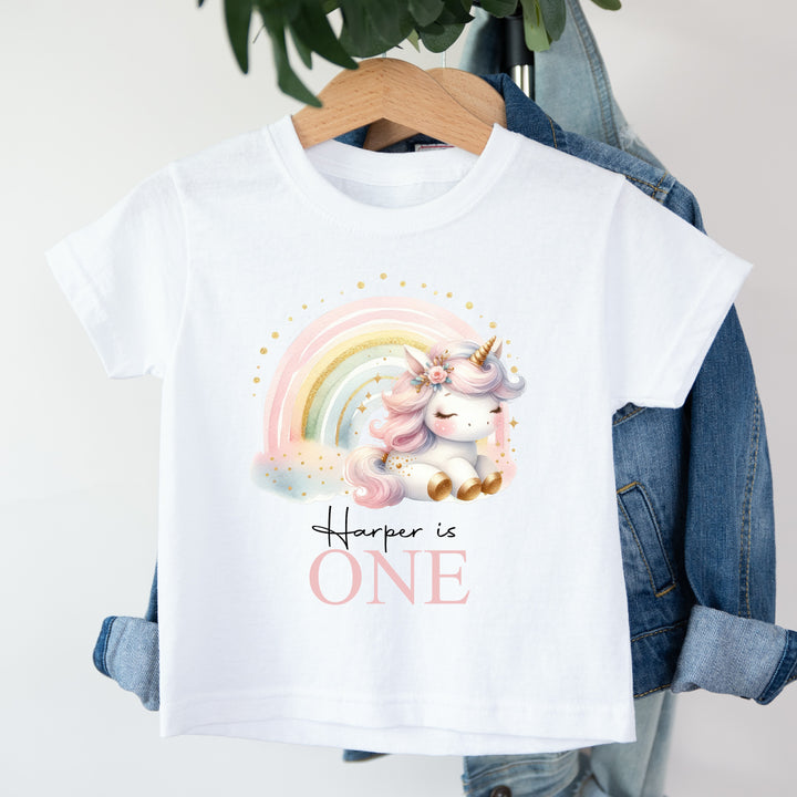 Personalised Pastel Rainbow Unicorn Birthday T-shirt