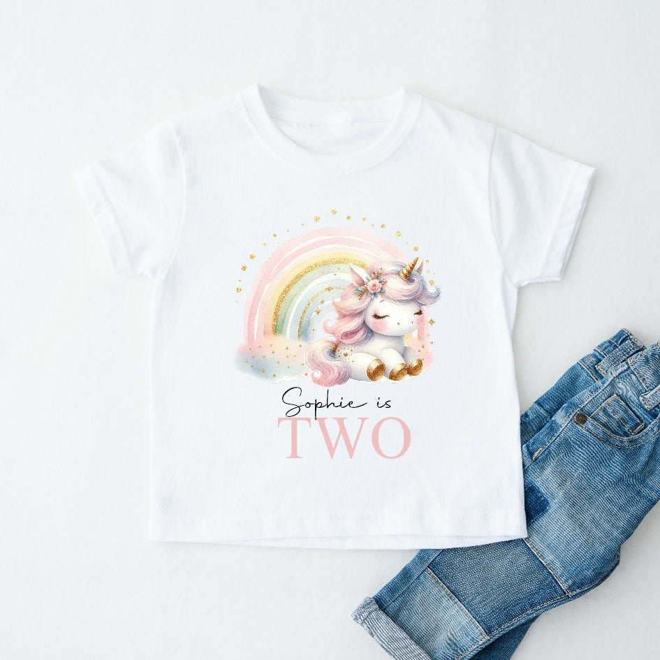 Personalised Pastel Rainbow Unicorn Birthday T-shirt