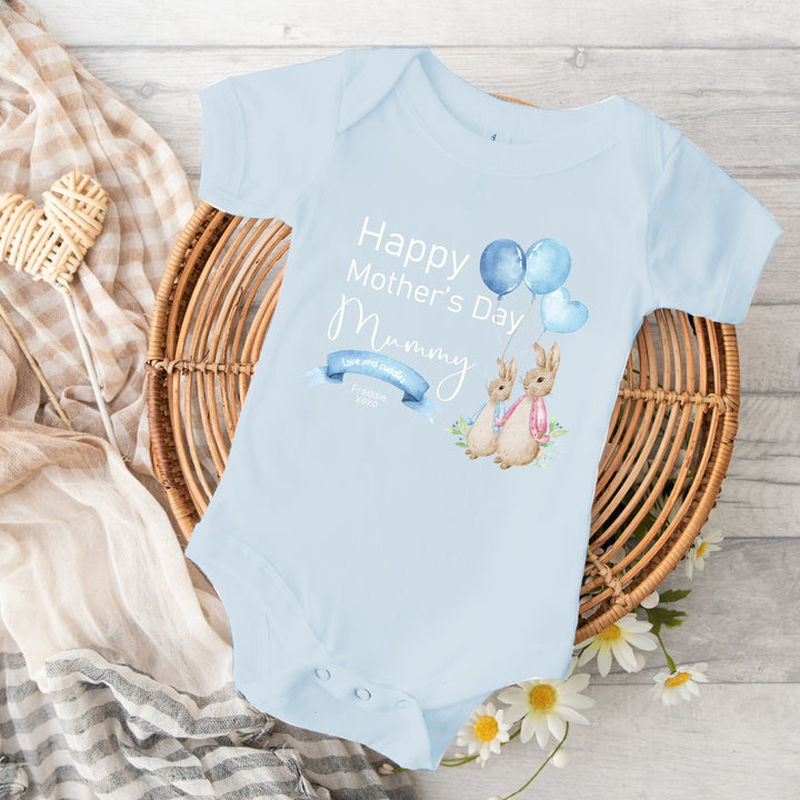 Personalised Happy Mother's Day Rabbit Blue Babygrow/Vest