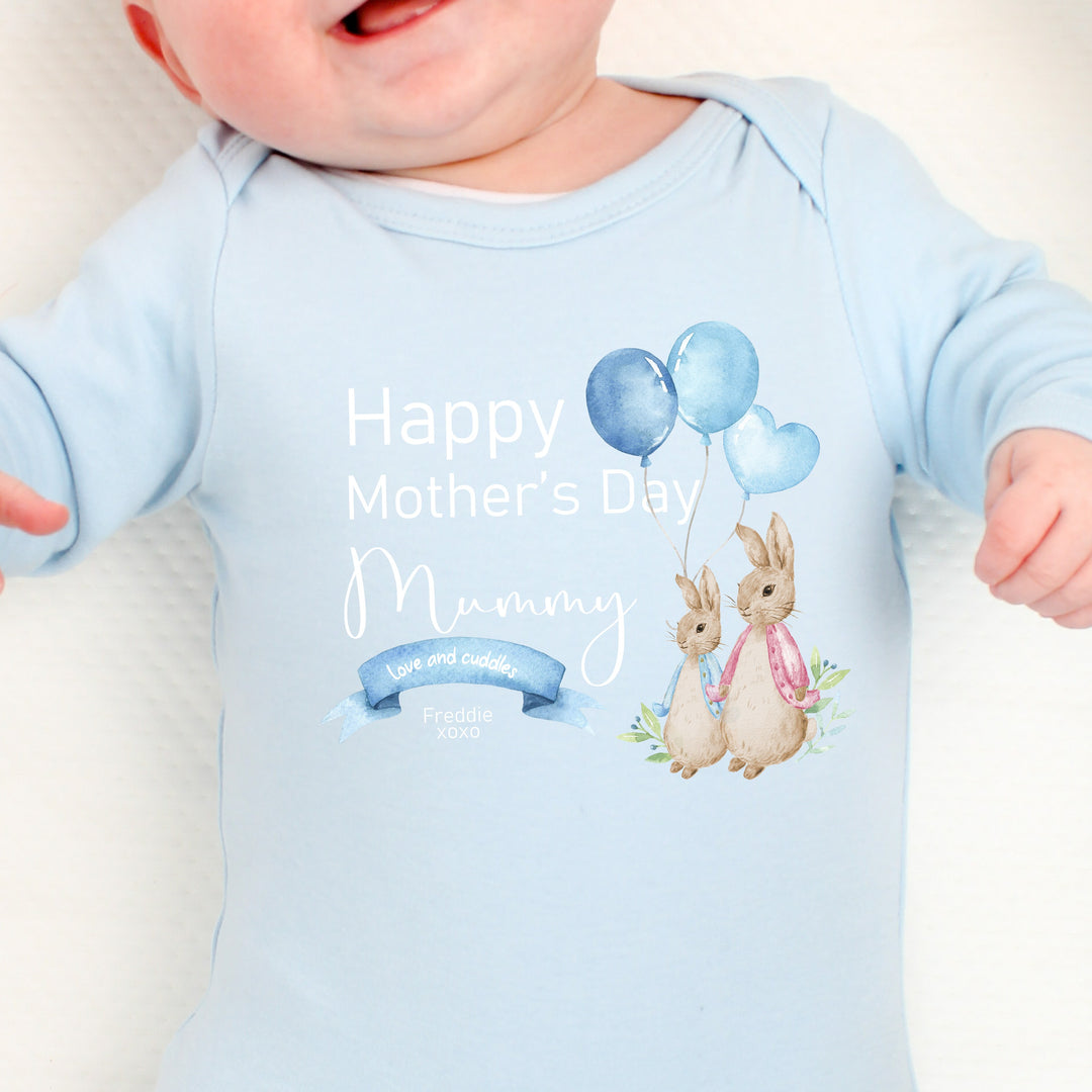 Personalised Happy Mother's Day Rabbit Blue Babygrow/Vest