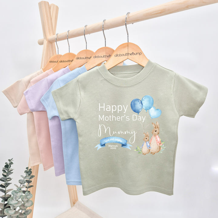 Personalised Happy Mother's Day Pink and Blue Rabbit T-shirt