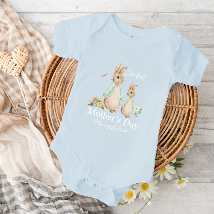 Personalised Happy Mother's Day Bunny Blue Babygrow/Vest