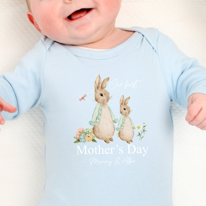 Personalised Happy Mother's Day Bunny Blue Babygrow/Vest