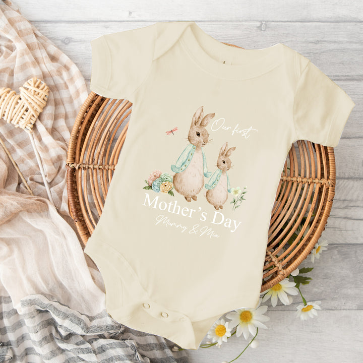 Personalised Happy Mother's Day Bunny Beige Babygrow/Vest