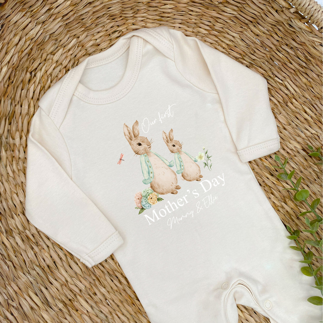 Personalised Happy Mother's Day Bunny Beige Babygrow/Vest