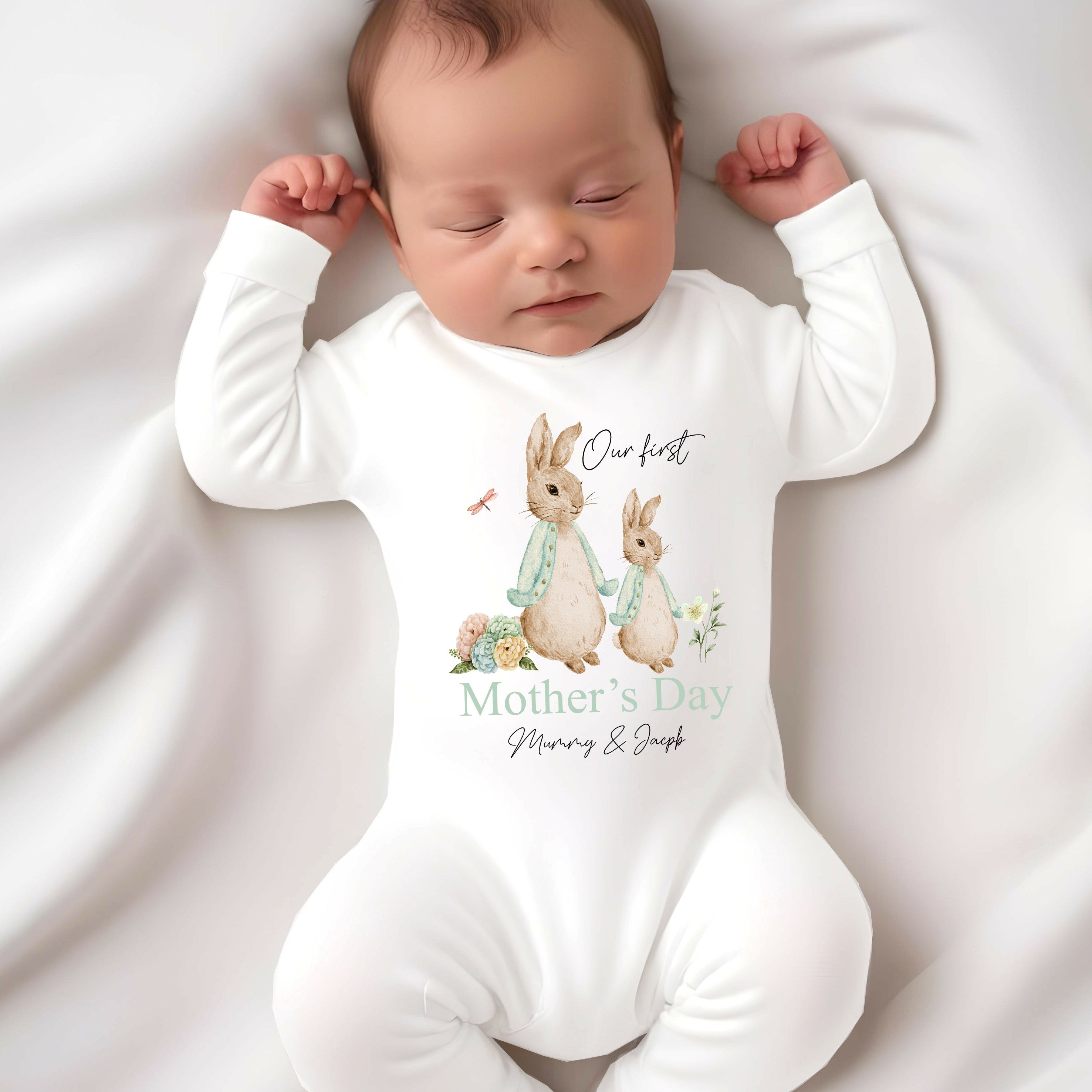 Personalised First Mother's Day Sage Rabbit Babygrow/Vest – allaboutthebump