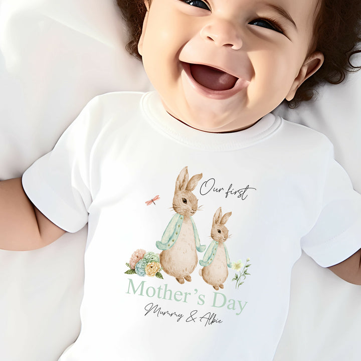 Personalised First Mother's Day Sage Rabbit Babygrow/Vest