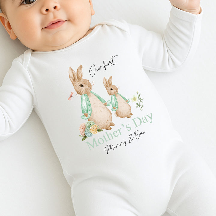 Personalised Sage Rabbits Our First Mother's Day Baby Grow or Vest