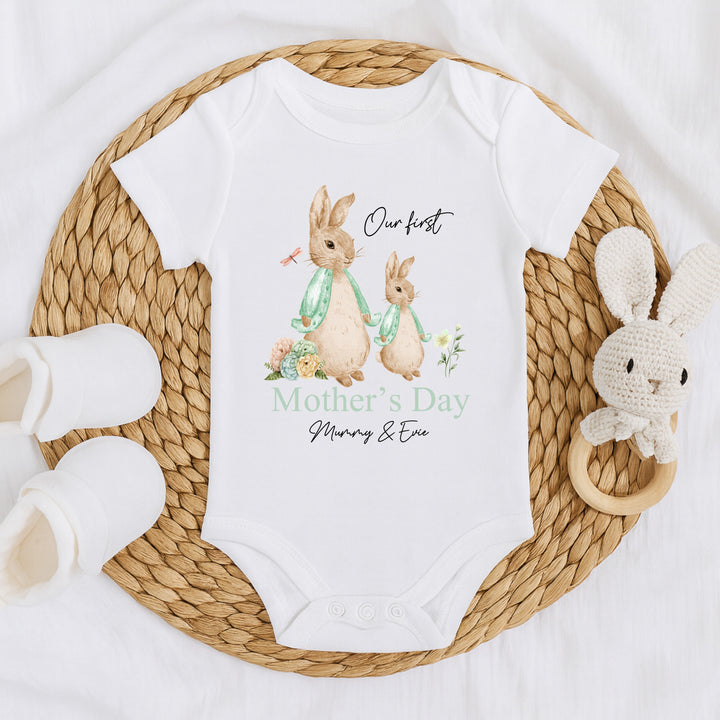 Personalised Sage Rabbits Our First Mother's Day Baby Grow or Vest