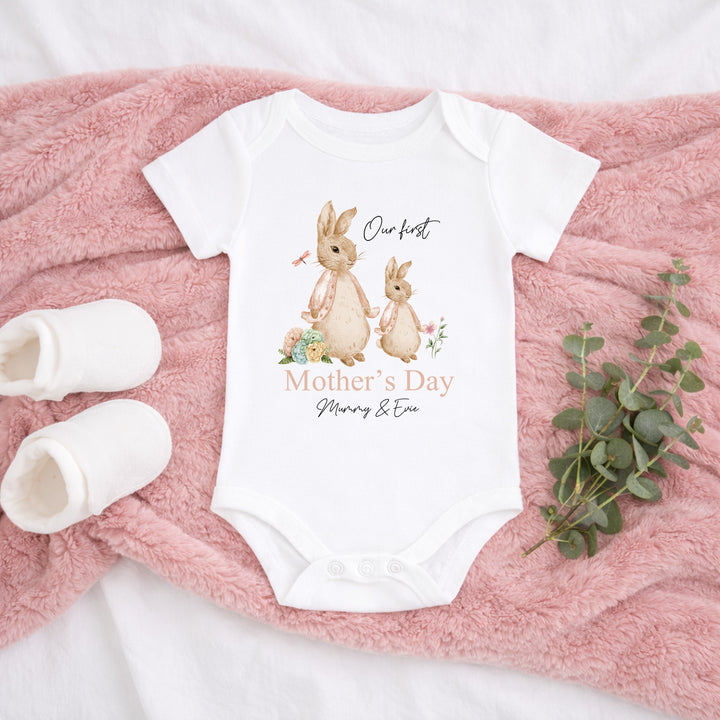 Personalised Pink Rabbit Our First Mother's Day Baby Grow or Vest