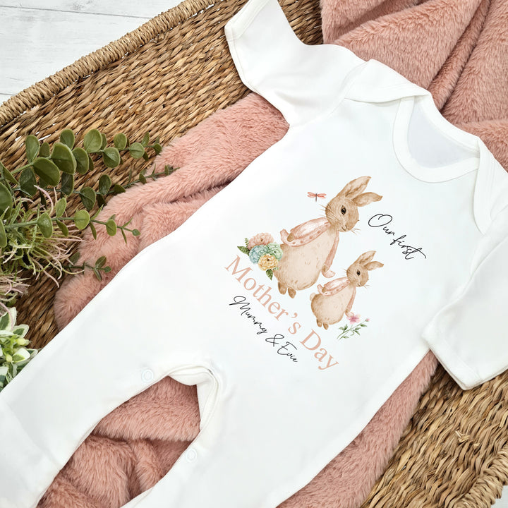 Personalised Pink Rabbit Our First Mother's Day Baby Grow or Vest