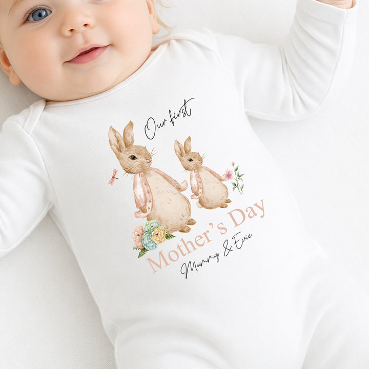Personalised Pink Rabbit Our First Mother's Day Baby Grow or Vest