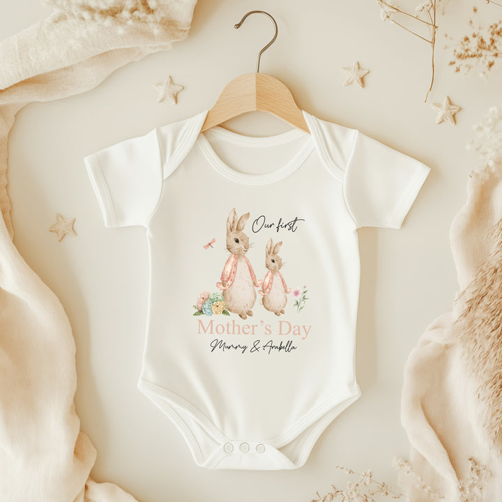 Personalised First Mother's Day Pink Bunny Babygrow/Vest