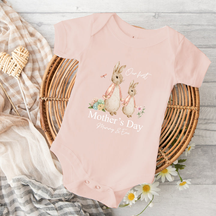 Personalised Happy Mother's Day Bunny Pink Babygrow/Vest