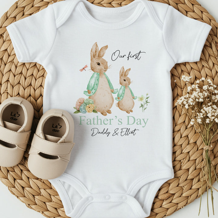 Personalised Sage Rabbits First Father's Day Babygrow/Vest