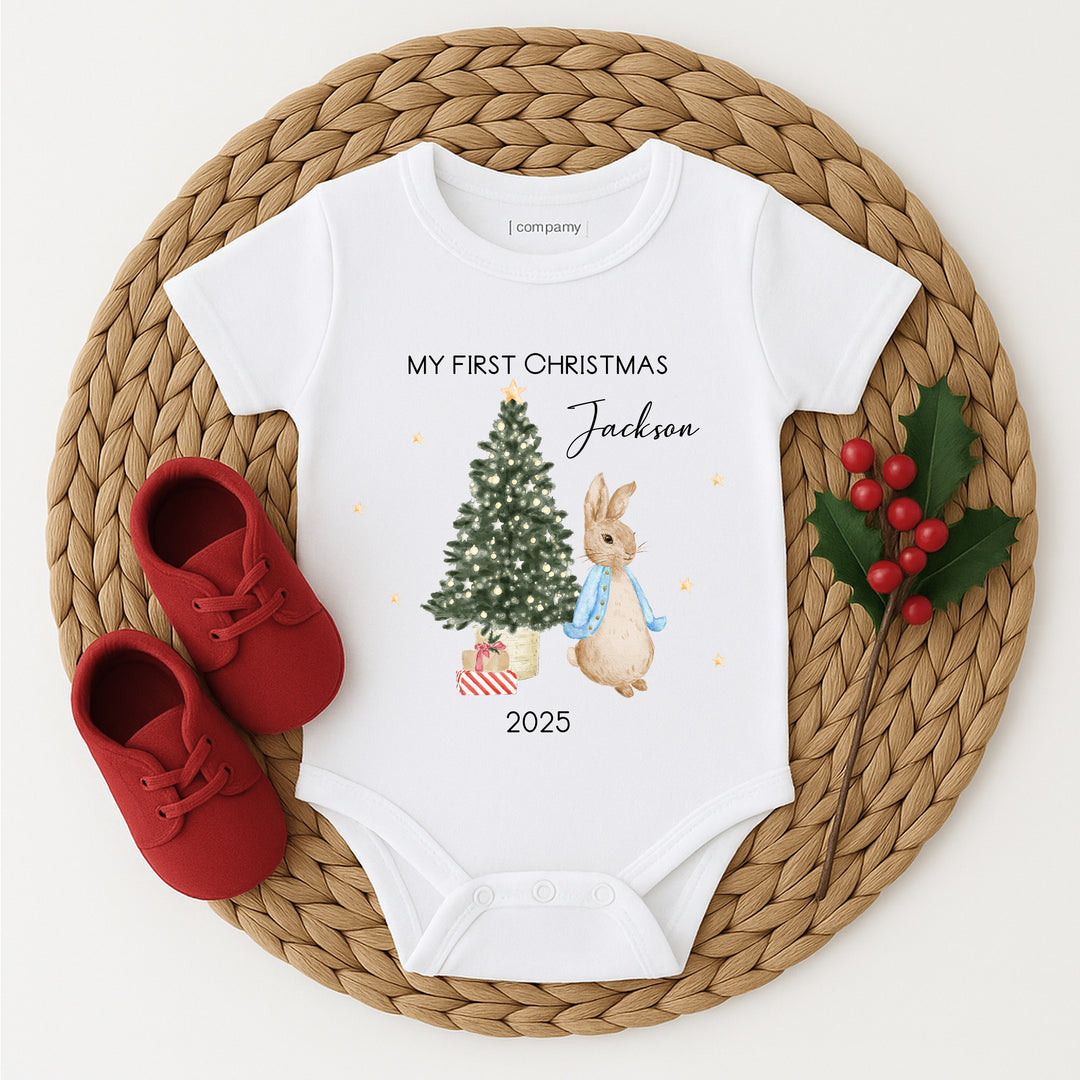 Personalised My First Christmas Blue Rabbit Baby Grow/Vest/Bib