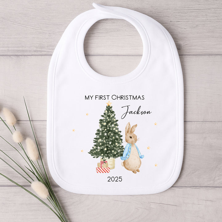 Personalised My First Christmas Blue Rabbit Baby Grow/Vest/Bib