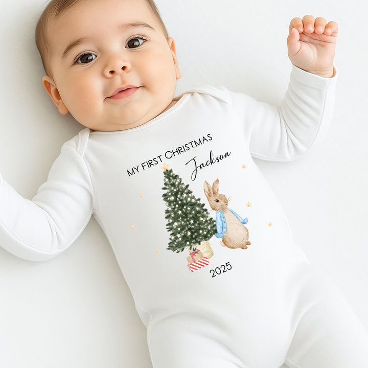 Personalised My First Christmas Blue Rabbit Baby Grow/Vest/Bib