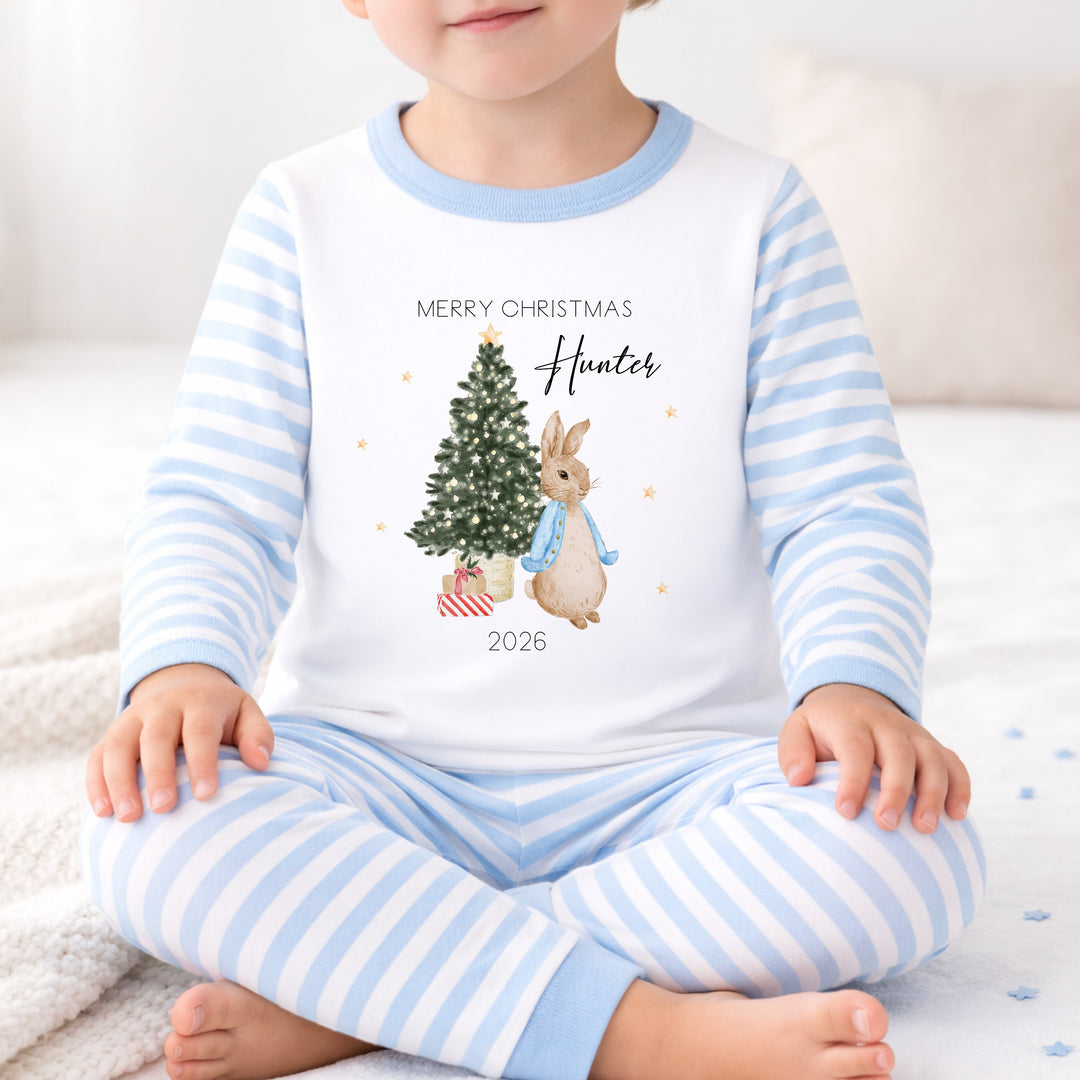 Personalised Blue Rabbit Merry Christmas Pyjamas