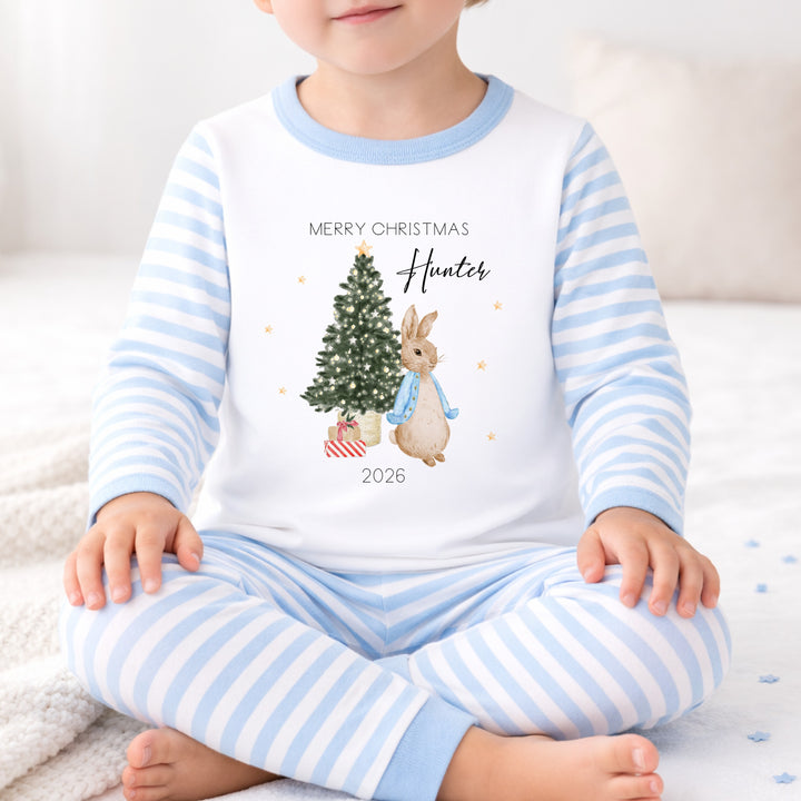 Personalised Blue Rabbit Merry Christmas Pyjamas