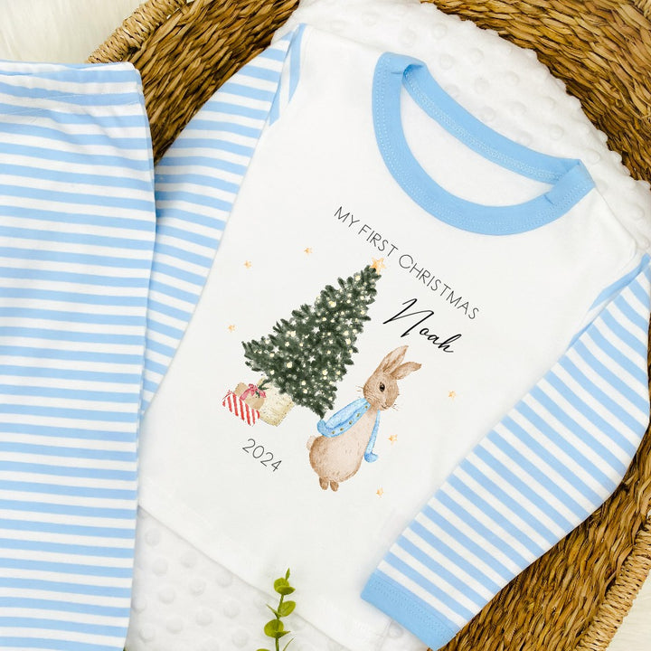 Personalised Merry Christmas Blue Rabbit Blue Stripe Pyjamas