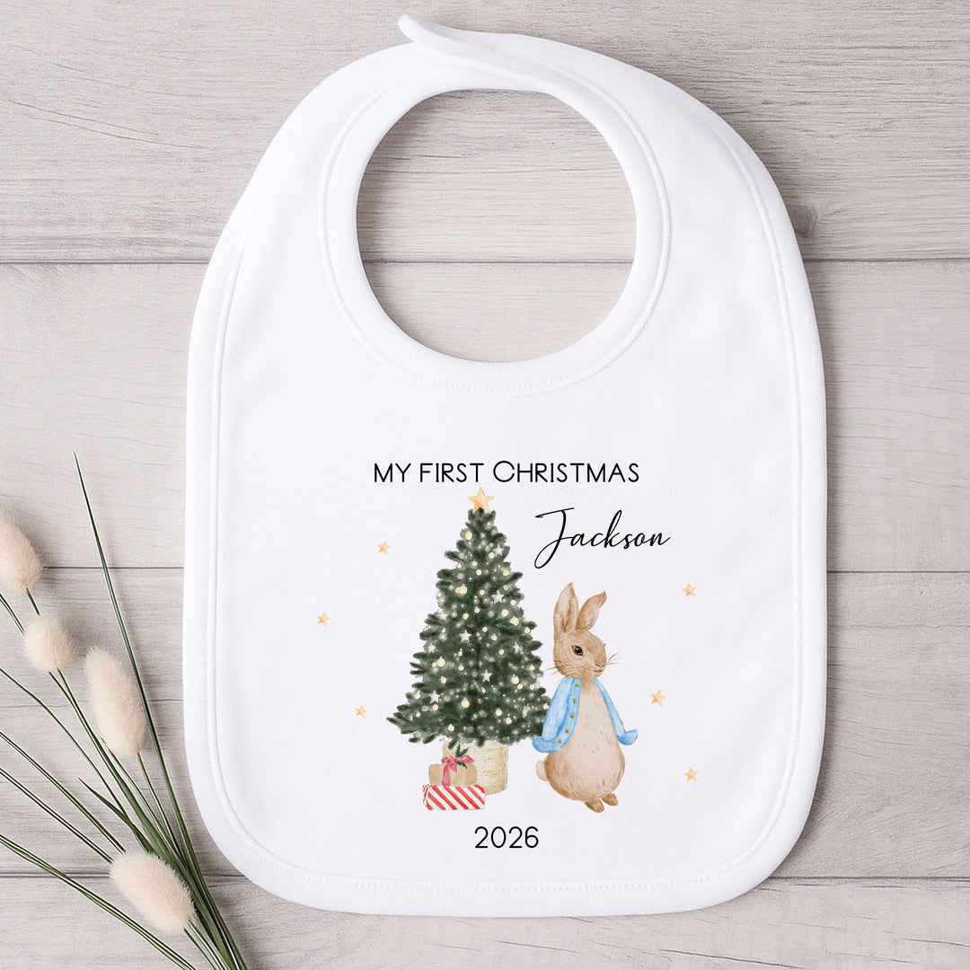 Personalised Blue Rabbit My First Christmas Baby Grow, Vest or Bib