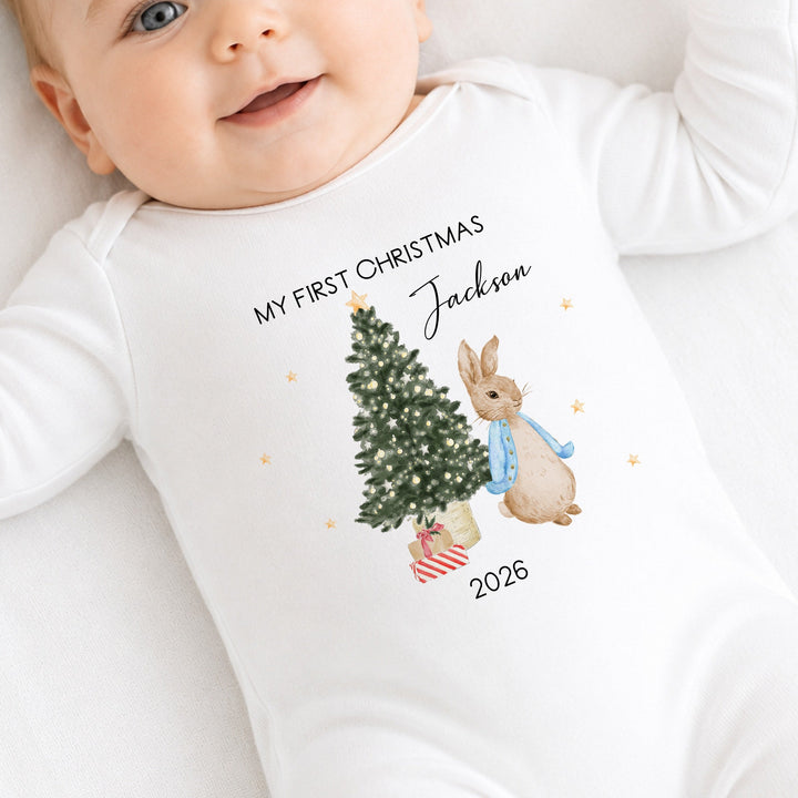 Personalised Blue Rabbit My First Christmas Baby Grow, Vest or Bib