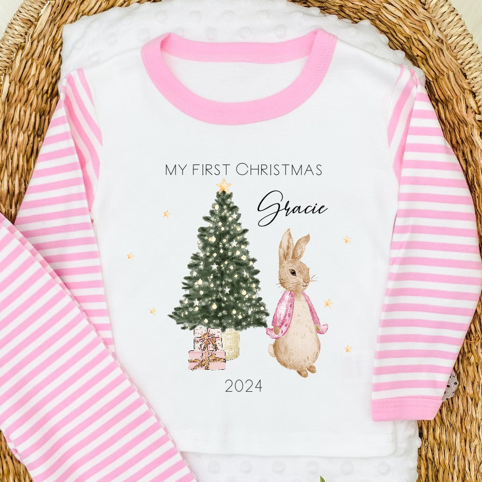 Personalised My First Christmas Pink Rabbit Pink Stripe Pyjamas