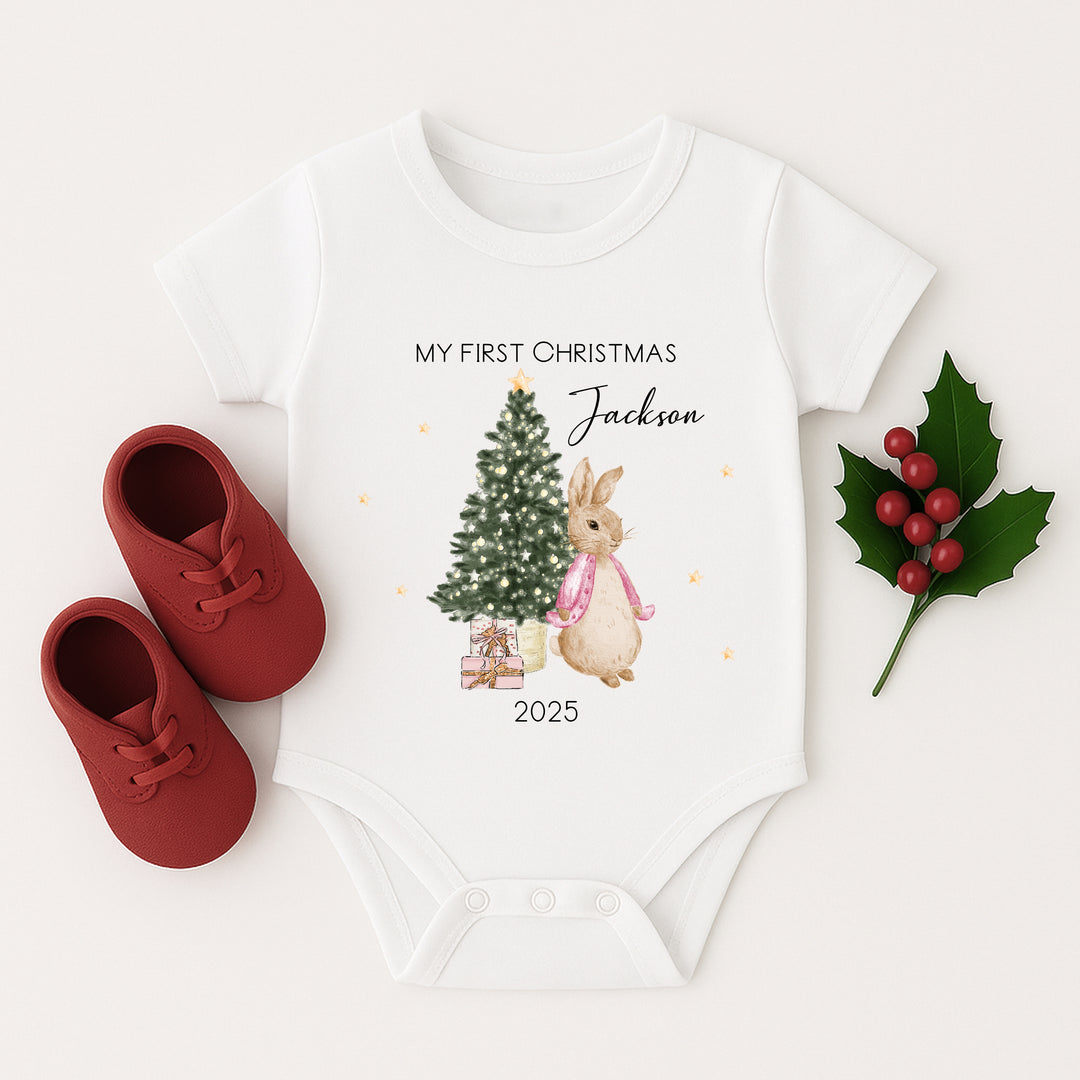 Personalised My First Christmas Pink Rabbit Tree Baby Grow/Vest/Bib