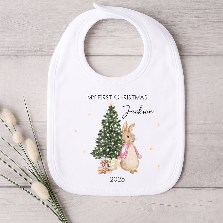 Personalised My First Christmas Pink Rabbit Tree Baby Grow/Vest/Bib