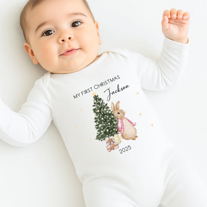 Personalised My First Christmas Pink Rabbit Tree Baby Grow/Vest/Bib