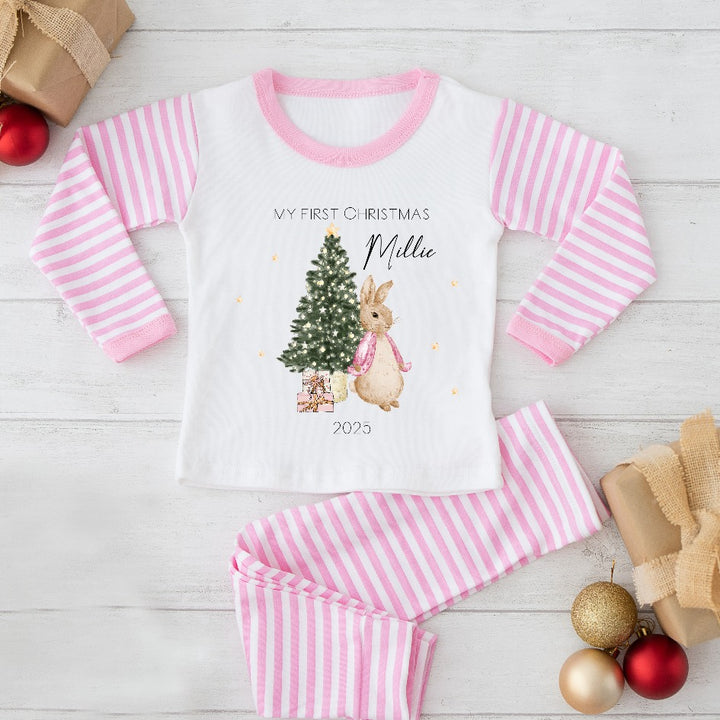 Personalised My First Christmas Pink Rabbit Pink Stripe Pyjamas