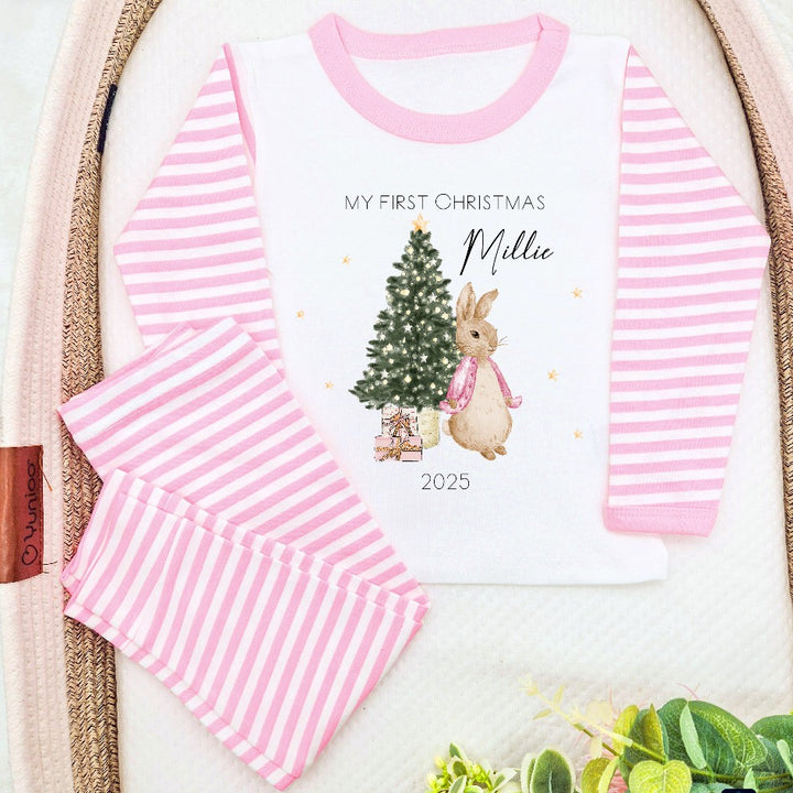 Personalised My First Christmas Pink Rabbit Pink Stripe Pyjamas