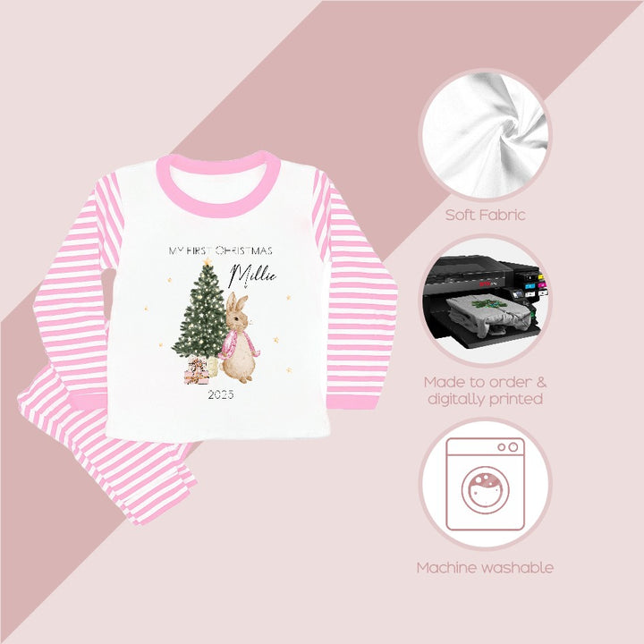 Personalised My First Christmas Pink Rabbit Pink Stripe Pyjamas