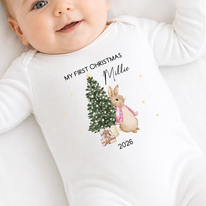 Personalised Pink Rabbit My First Christmas Baby Grow, Vest or Bib