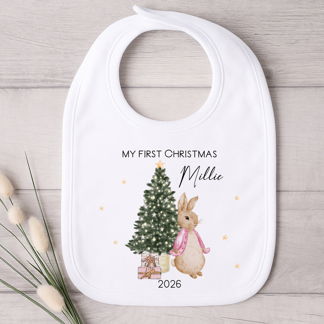 Personalised Pink Rabbit My First Christmas Baby Grow, Vest or Bib